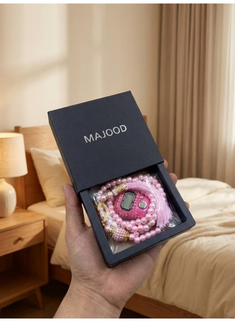 MAJOOD 1 Set of 99 resin imitation pearl prayer beads 8mm  and an electronic counter, packaged in a gift box. - Image 5